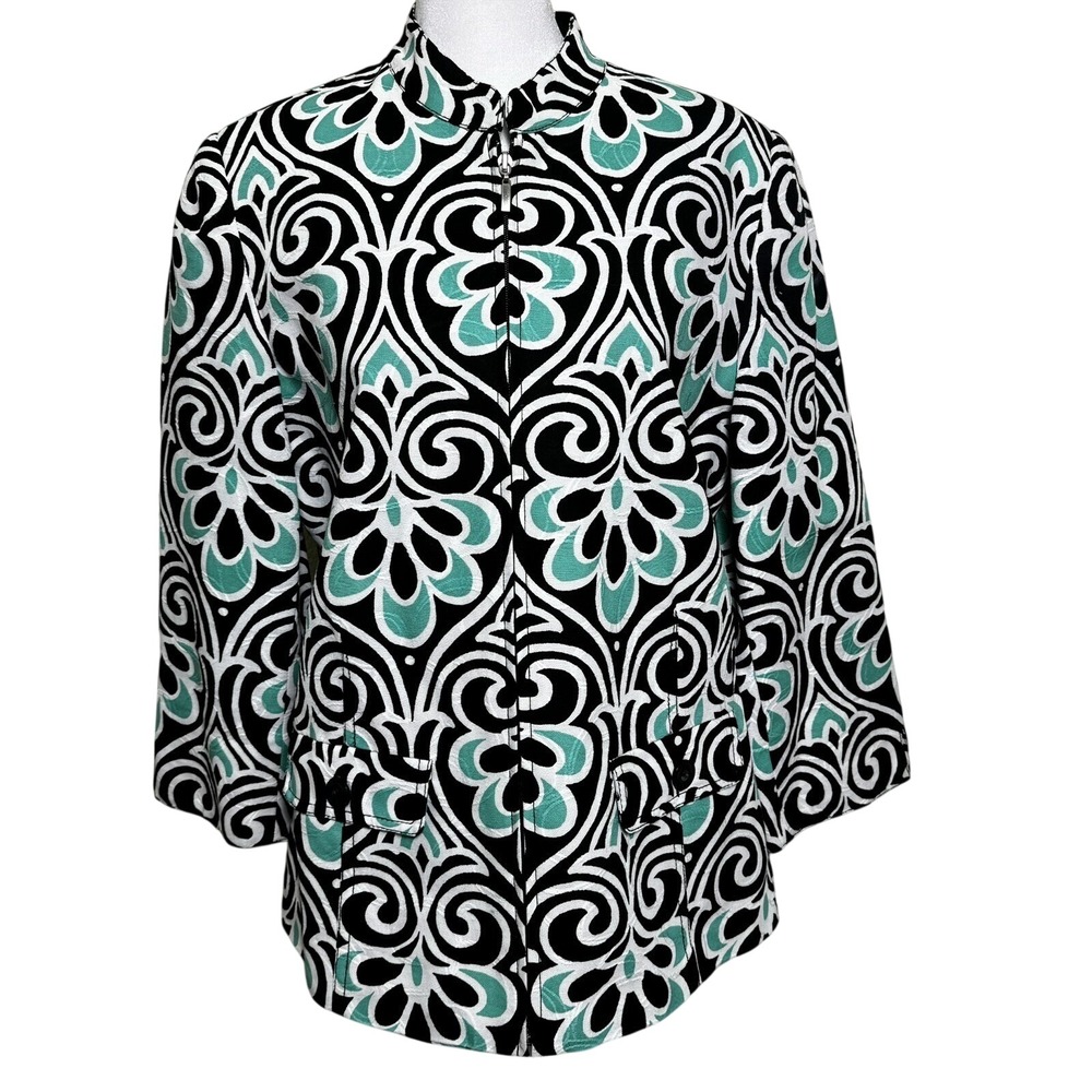 Samantha Grey Womens‎ 10 Damask Print Zip Front Jacket Teal Black White Mandarin